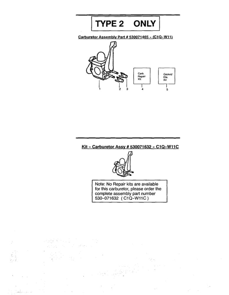 Carburetor Diagram and Parts List for BV1800 Type 2 Weed Eater Leaf Blower / Vacuum